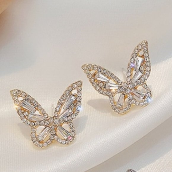 NEW 925 Silver Butterfly Earrings with rhinestones Gold color